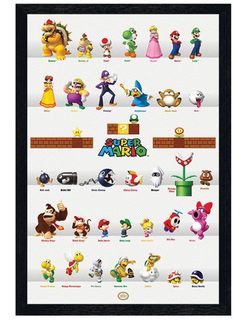 Image of Super Mario Nintendo Black Wooden Framed Character Chart Poster
