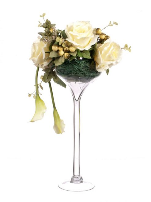 Image of Artificial 55cm White Rose, Real Touch Calla Lily, Green Berry And Mixed Foliage Display In A Tall Martini Glass Vase