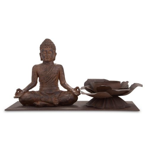 Image of Buddha With Flower Bronzed Metal Tealight Holder - Buddha On Left