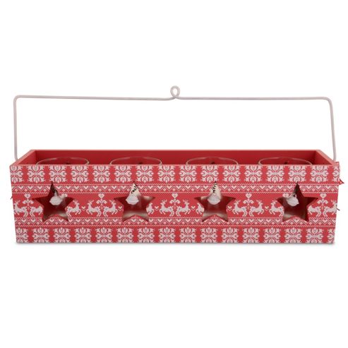 Image of Red Festive Design Wooden Painted Tealight Holder For Four Candles