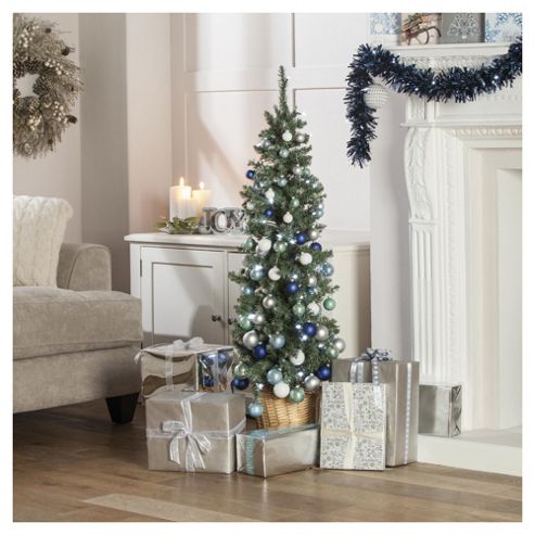 Image of Festive Green Pencil Christmas Tree With Silver & Blue Decorations & Pre-lit Lights, 4ft