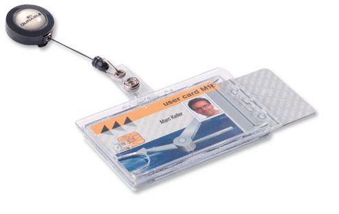 Image of Durable Dual Security Pass Badge Holder Acrylic With Name Badge And 850mm Reel Ref 8224/19 [pack 10]