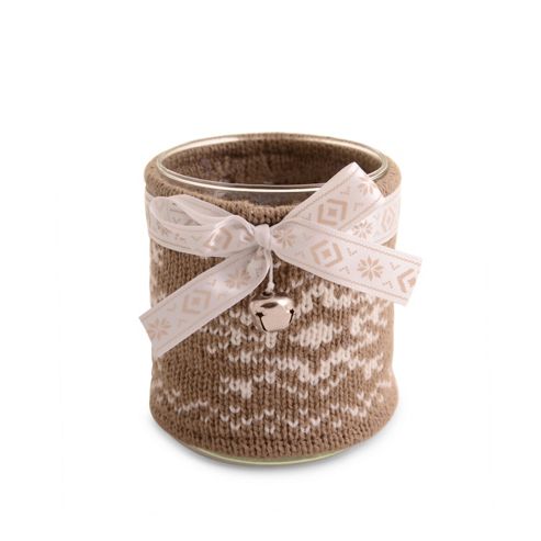 Image of Large Glass Christmas Tealight Holder With Brown Knitted Cosy
