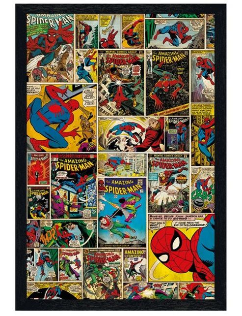 Image of Black Wooden Framed Marvel The Amazing Spider-man Comic Book Collage Poster