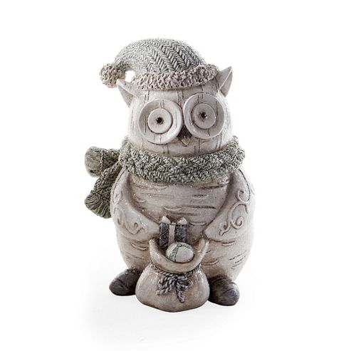 Image of Decorative Christmas Wood Look Owl Ornament With Santa Sack & Presents