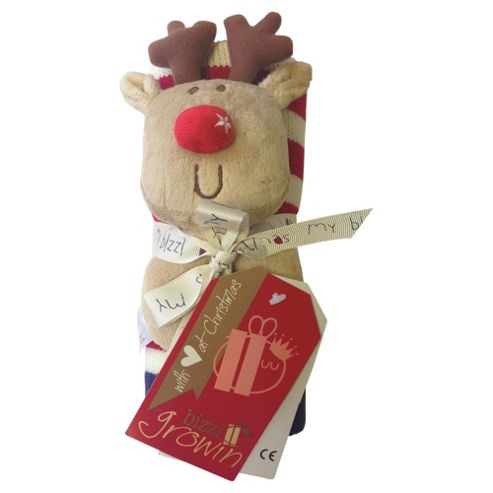 Image of Bizzi Growin Knitted Blanket Gift Set With Reindeer Rattle