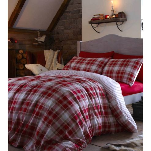 Image of Catherine Lansfield Home Cosy Corner Brushed Cotton Tartan Stripe Pillowcase Red