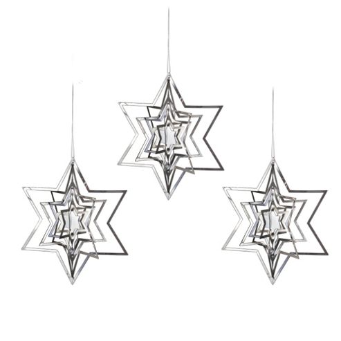 Image of Set Of Three Silver Metal Hanging Star Christmas Decorations