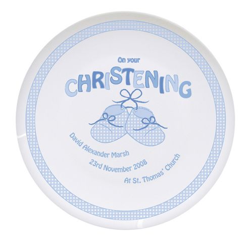 Image of Personalised Bootee Blue Baby Boy Christening Plate