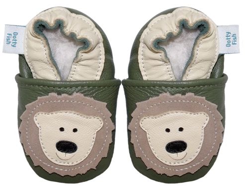 Image of Dotty Fish Soft Leather Baby Shoe - Khaki Green And Cream Bear - Khaki
