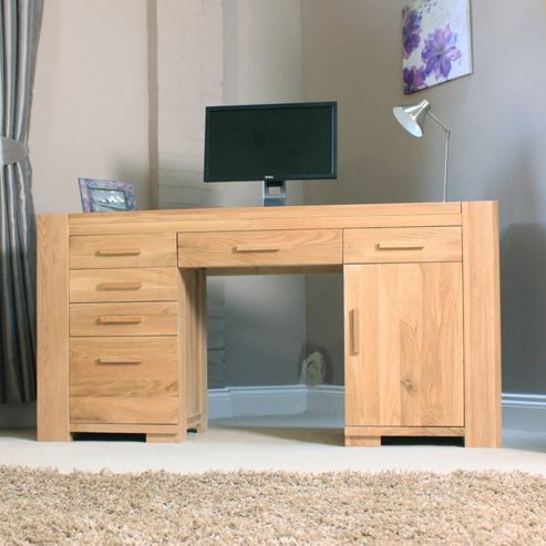 Image of Baumhaus Cmr06b Atlas Solid Oak Twin Pedestal Computer Desk