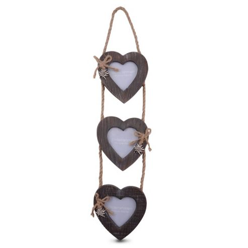 Image of Triple Wooden Heart Photo Frame On Jute Rope Hanger