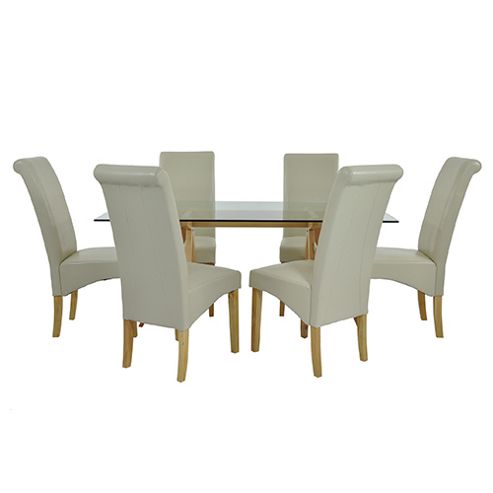 Image of Atlantico Long White Wood Top Dining Table Set With 6 Cream Chelsea Chairs
