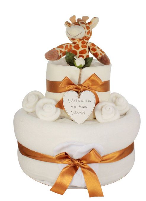 Image of Unisex Giraffe Rattle Baby Nappy Cake Gift (two Tier)
