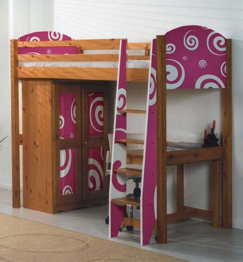 Image of Girls Pine Highsleeper Bed With Funky Pink Design