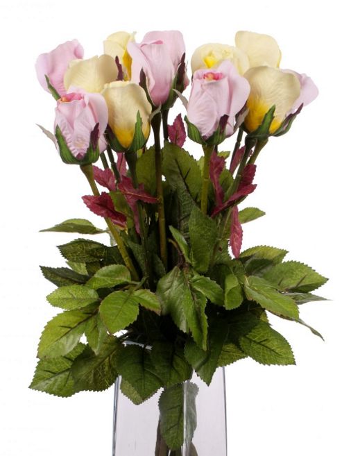 Image of Artificial 60cm Single Stem Closed Bud Roses X 12 (6 X Yellow And Cream And 6 X Pale Pink)