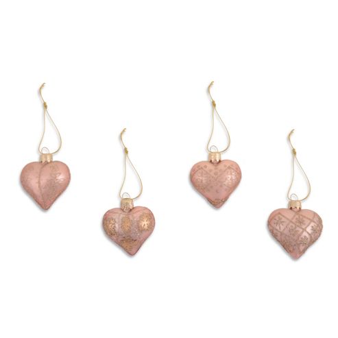 Image of Set Of Four Metallic Peach Heart Shaped Christmas Tree Baubles