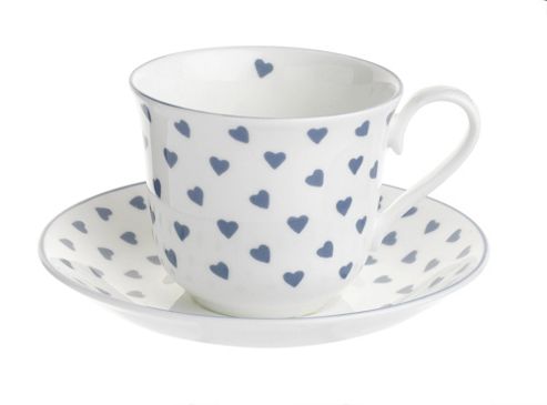 Image of Nina Campbell Bone China Tea Cup And Saucer, Blue Hearts Design