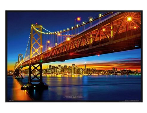 Image of San Francisco Gloss Black Framed Bay Bridge At Night Poster