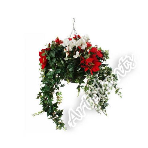 Image of Artificial White Cyclamen, Red Poinsettia And Mixed Ivy Display In A 10" Round Willow Hanging Basket
