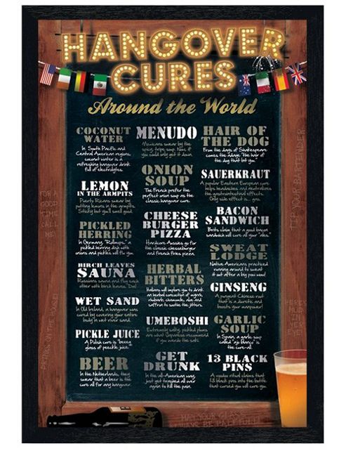 Image of Black Wooden Framed Hangover Cures Around The World Poster