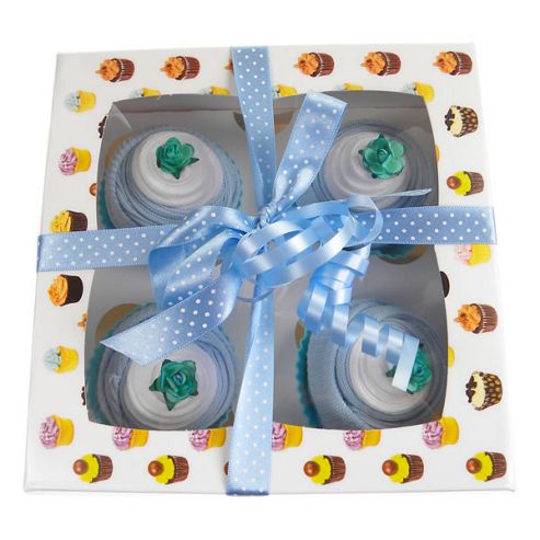 Image of Box Of Four Delicious Baby Sock Cupcakes - Blue