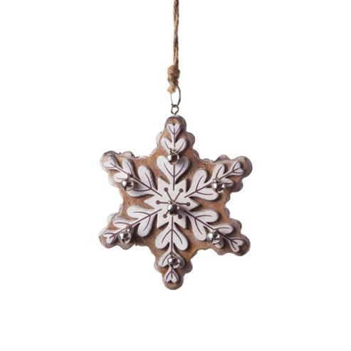 Image of Large Hanging Brown Wooden Snowflake Christmas Tree Decoration With Bells
