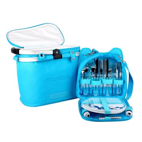 Image of Confidence Picnic Basket Hamper Bright Blue Polkadots Inc Plates Cutlery Accs