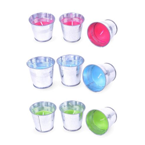 Image of Three Sets Of Three Bright Coloured Candles In Buckets Garden Lighting