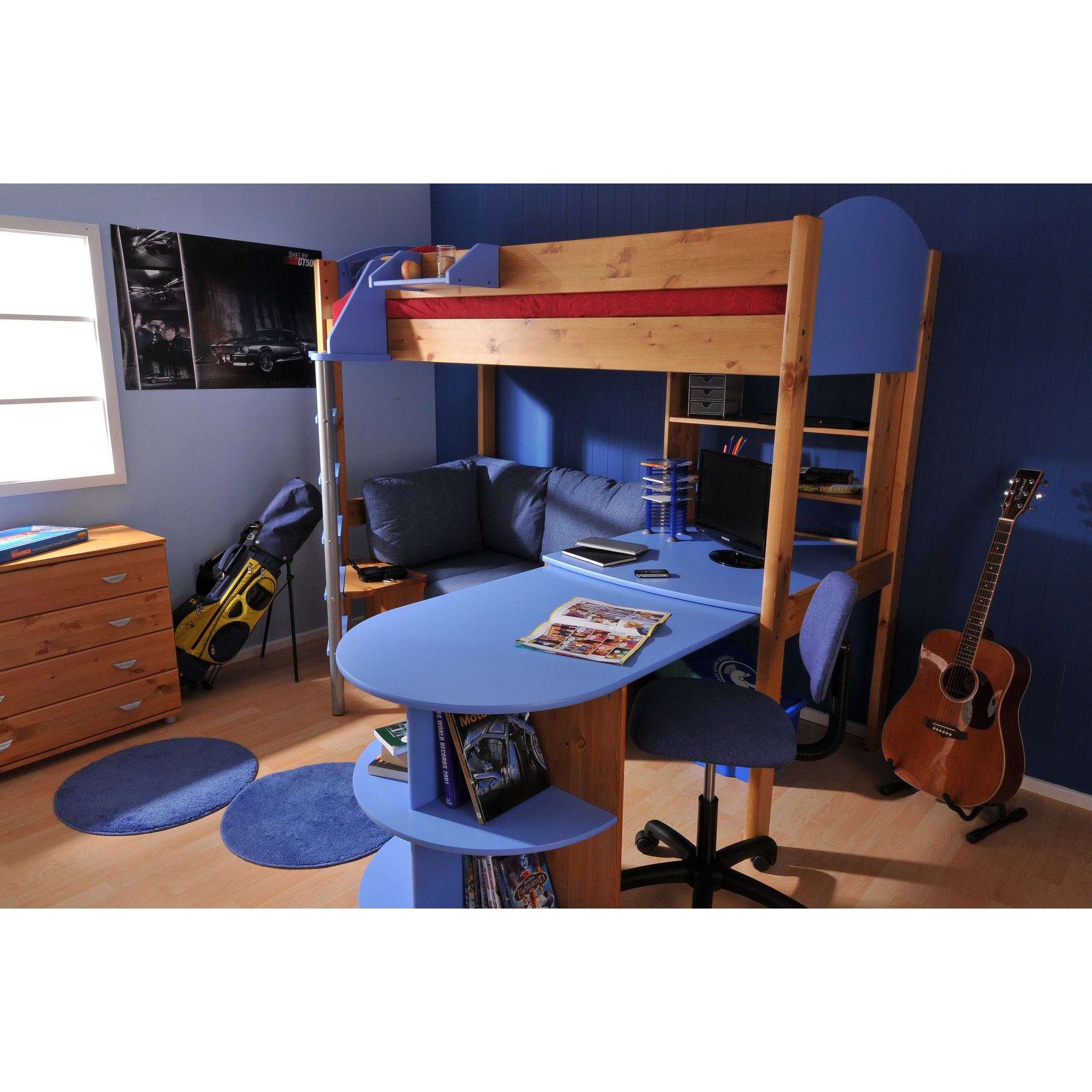 Stompa Casa High Sleeper Sofa Bed with Extending Desk - Blue - White - Blue Denim at Tesco Direct
