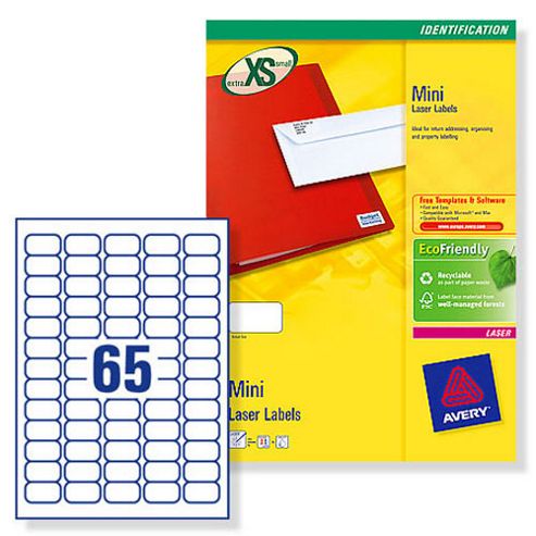 Image of Avery Mini Labels Laser 65 Per Sheet 38.1x21.2mm White Ref L7651-100 [6500 Labels]