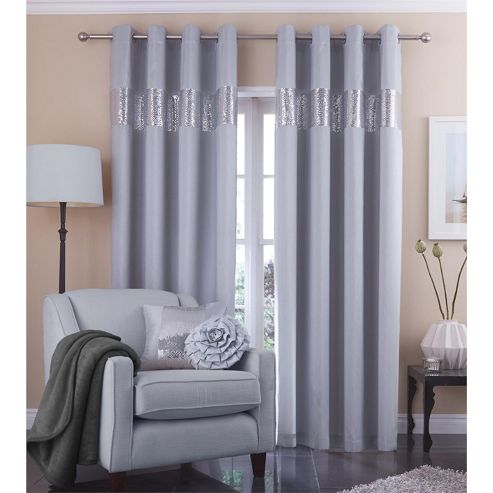 Image of Catherine Lansfield Home Silk Sequin Silver Curtains 66x72