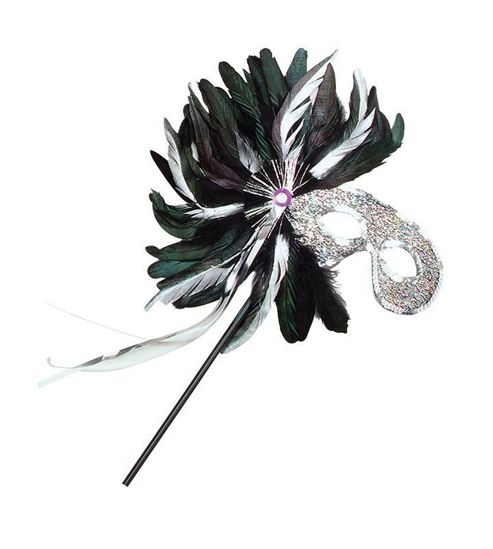 Image of Silver Tinsel Mask On Stick With Feather (fancy Dress).