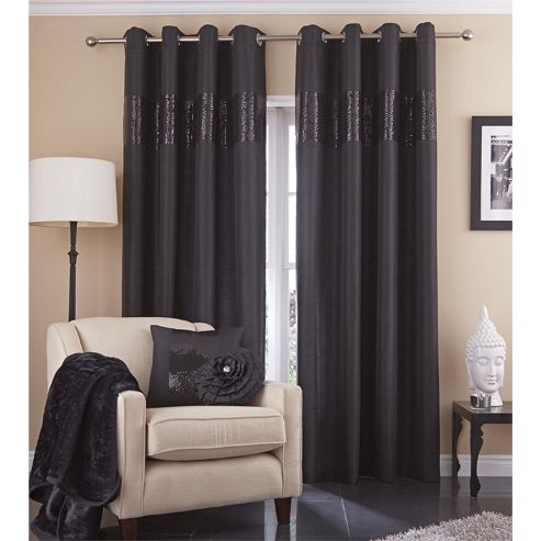 Image of Catherine Lansfield Home Silk Sequin Black Curtains 66x90
