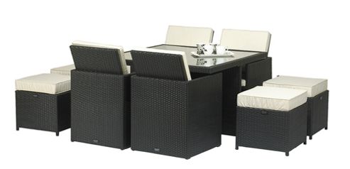 Image of Cannes Ebony Black 8 Seater Cube Set - 125cm Square Table With Parasol Hole - 4 Chairs & 4 Footstool
