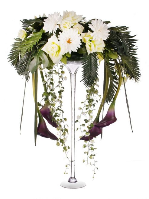 Image of Artificial 80cm White And Green Rose, White Chrysanthemum, Real Touch Purple Calla Lily And Mixed Foliage Display In A Tall Martini Glass Vase
