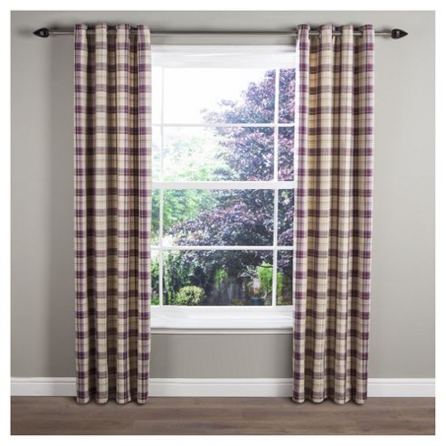 Image of Tropical Check Lined Eyelet Curtains W117xl137cm (46x54") - - Aubergine