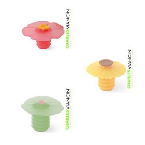 Image of Charles Viancin Silicone Bottle Stopper Set, Lilypad, Sunflower And Hibiscus