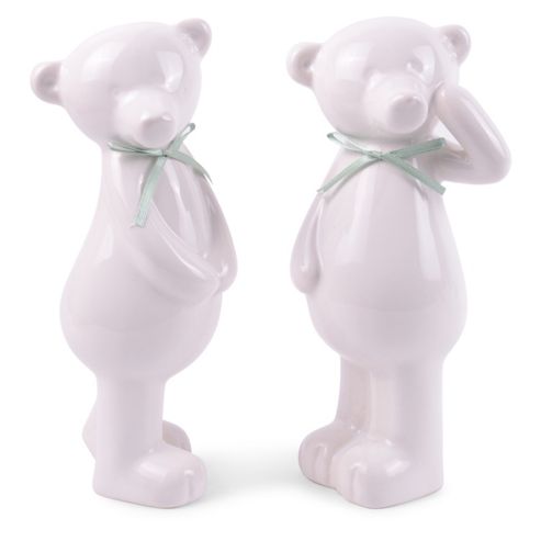 Image of Standing Pair Of Ceramic Bear Christmas Ornaments With Light Green Ribbon Detail