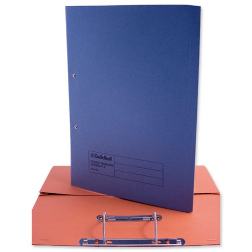 Image of Guildhall Transfer Spring Files With Inside Pocket 315gsm 38mm Foolscap Blue Ref 349-bluz [pack 25]
