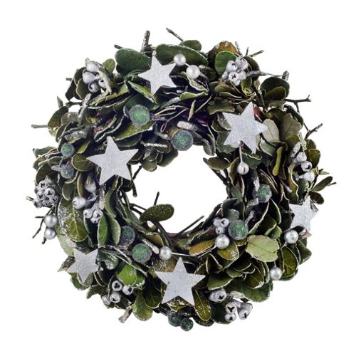 Image of Traditional Green Laurel Leaf Christmas Wreath With Stars