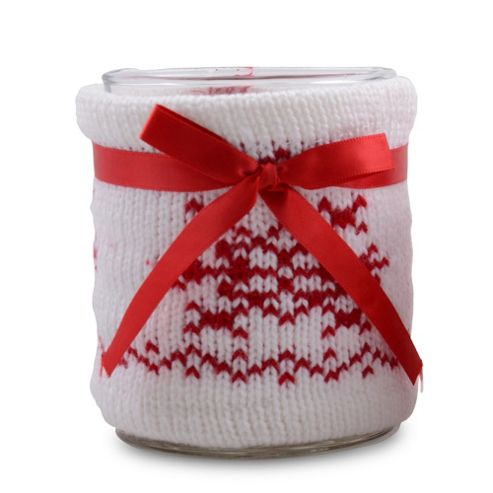 Image of Large White Knitted Christmas Pattern Covered Glass Tealight Holder