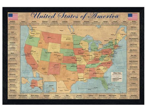 Image of United States Of America Map Black Wooden Framed The 50 States Of America Poster