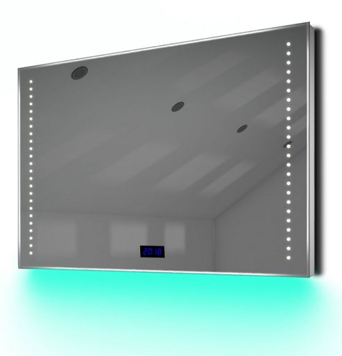 Image of Digital Clock Slim Bathroom Mirror With Under Lighting, Demist & Sensor K194t