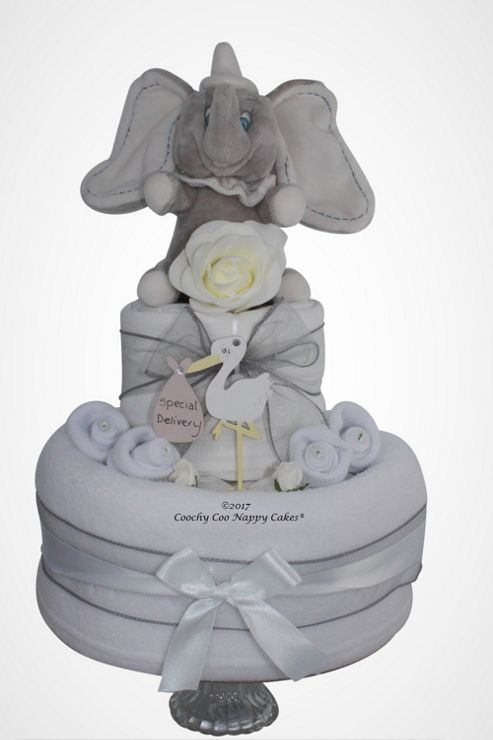 Image of Unisex Dumbo Elephant Baby Nappy Cake (two Tier)