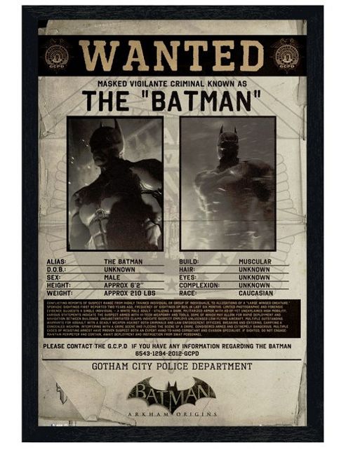 Image of Black Wooden Framed Batman Origins Wanted Poster