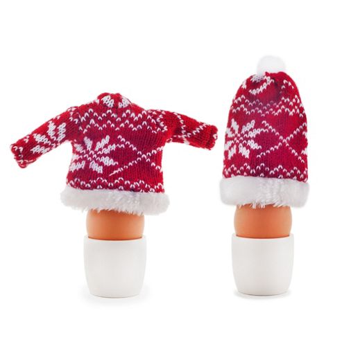 Image of Set Of Two Knitted Christmas Hat & Jumper Egg Warmer Cosies
