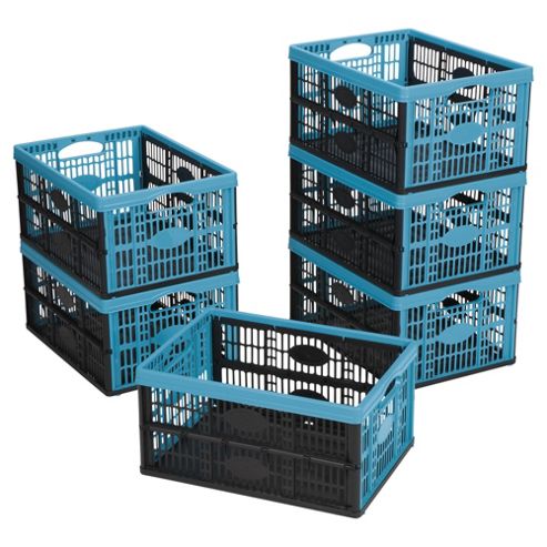 Image of Tesco 32l Plastic Folding Crate, Pack Of 6, Black/blue