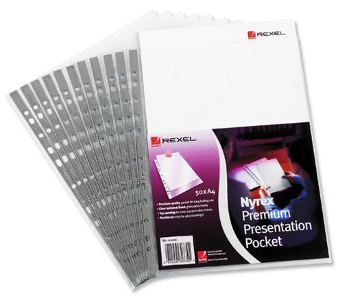 Image of Rexel Nyrex Premium Presentation Pockets Multipunched Top Opening A4 Clear Ref 2001018 [pack 50]