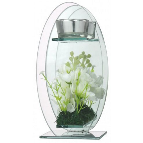 Image of Lily - Glass Single Tealight Holder With Flower - Silver / Green